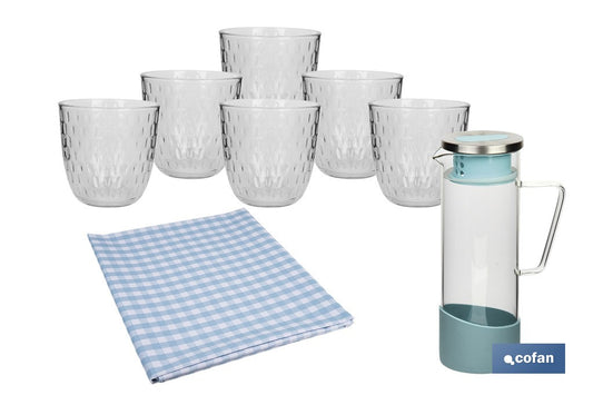 PACK DE JARRA TIERRA,SET DE VASOS DE AGUA Y MANTEL 1.40 X 1.40 CM