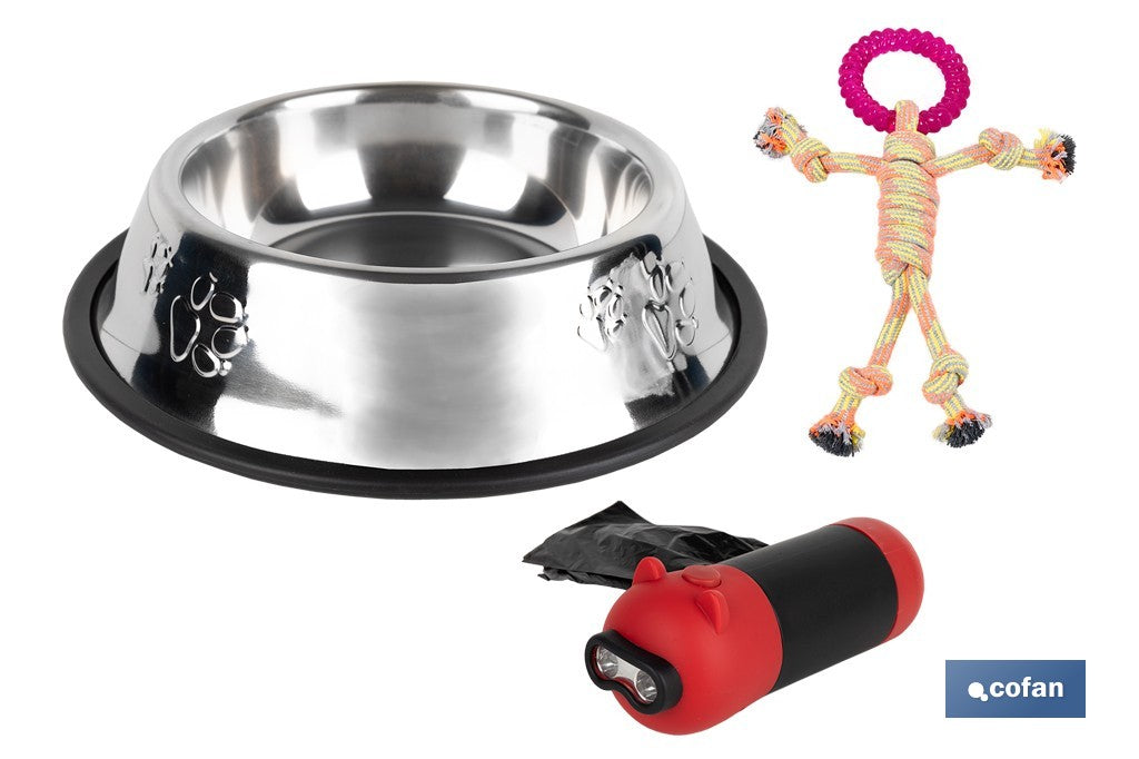 PACK DE DISPENSADOR DE BOLSAS MASCOTA, COMEDERO BEBEDERO Y JUGUETE MORDEDOR PERROS