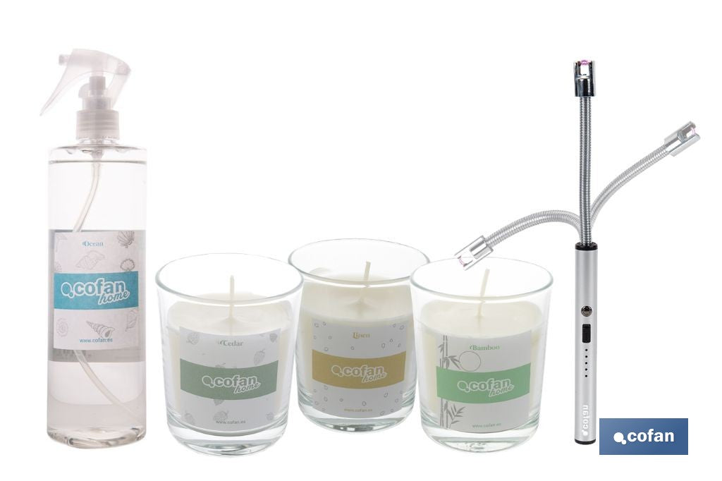PACK DE 3 VELAS,ENCENDEDOR ELECTRICO,BRUMA TEXTIL