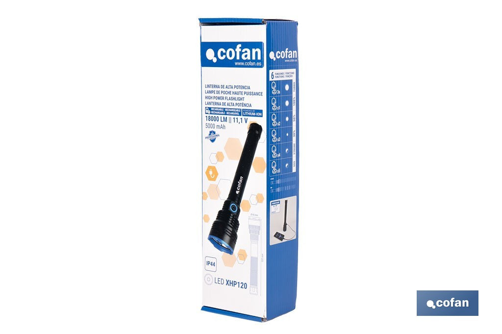 LINTERNA HIGH POWER LED 18.000 LM CON 6 FUNCIONES Ø65 X 322 MM