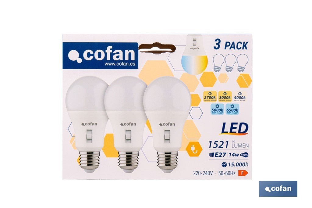 PACK DE 3 BOMBILLAS E27 A60 14W 1521 LM 5CCT
