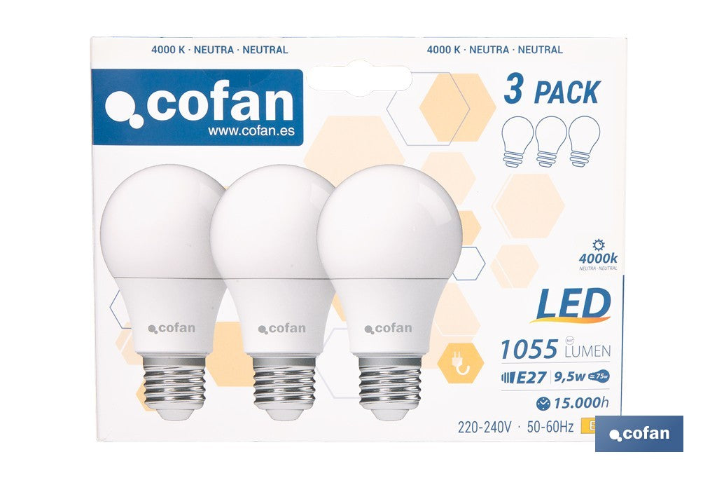 PACK DE 3 BOMBILLAS LED CLASSIC E27 9.5 W 1055 LM 4000 K