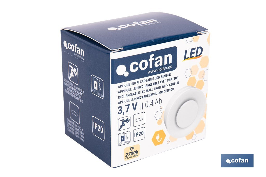 APLIQUE LED RECARGABLE CON SENSOR 3,7 V 0,4 Ah IP20 2700 K Ø60 MM