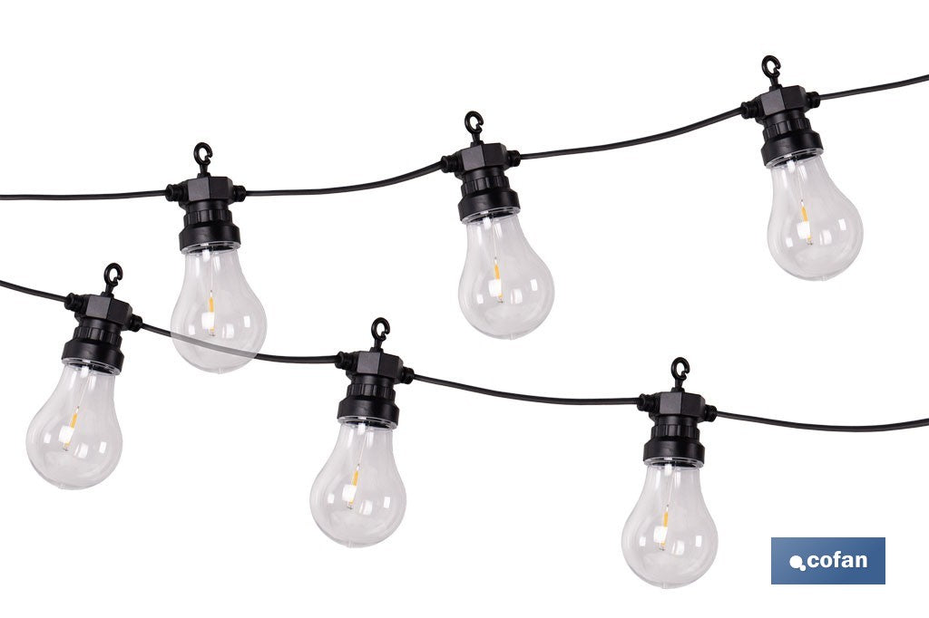 GUIRNALDA DE BOMBILLAS LED 10 UDS. CON PANEL SOLAR A19 3,7 V 1,2 Ah IP44 2700 K 4,5 + 3 M