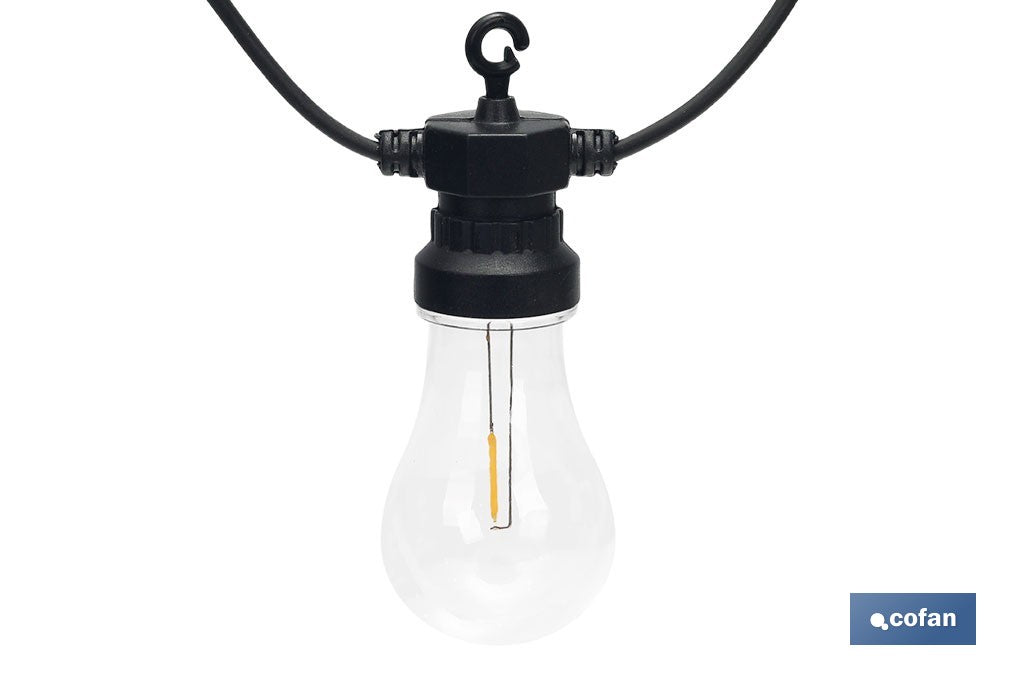 GUIRNALDA DE BOMBILLAS LED 10 UDS. CON PANEL SOLAR A19 3,7 V 1,2 Ah IP44 2700 K 4,5 + 3 M
