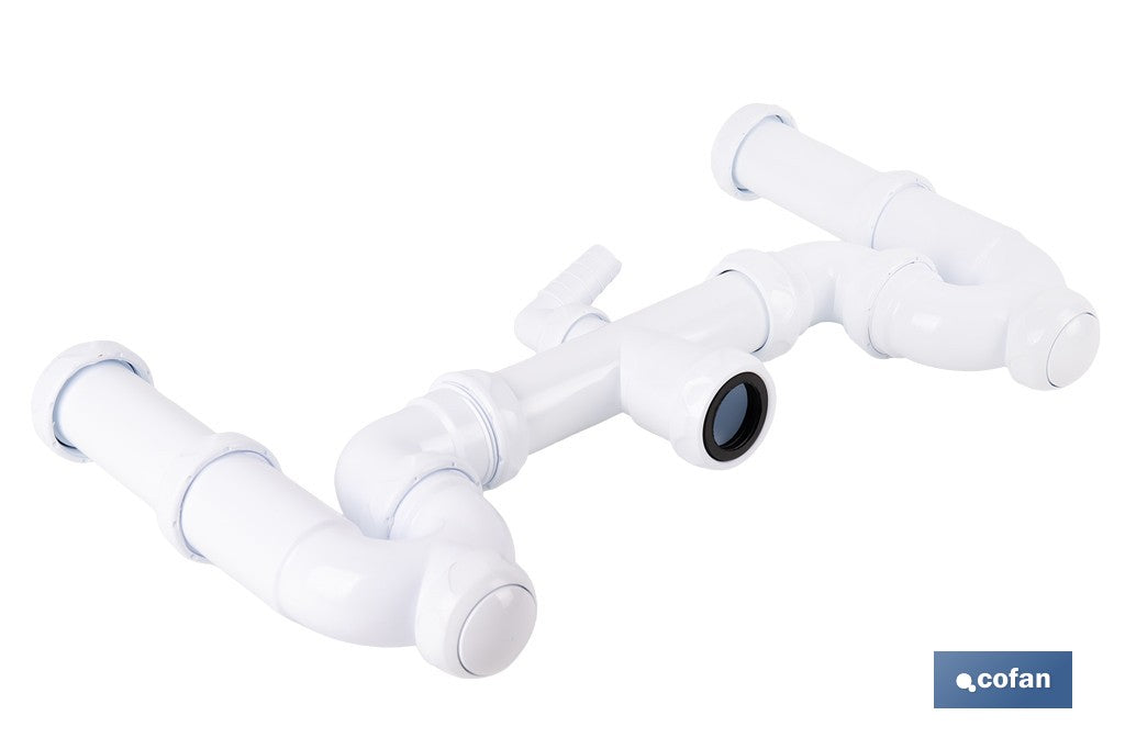 SIFÓN CURVO DOBLE CON SALIDA Ø32-40 MM, RACORES 1 1/2 Y TOMA AUXILIAR