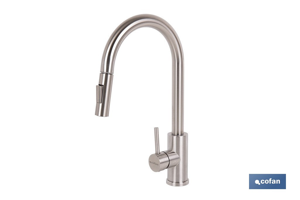 GRIFO DE COCINA DE ACERO INOX. CON MANGUERA EXTENSIBLE Y 2 FUNCIONES 400 X 220 X 54 MM