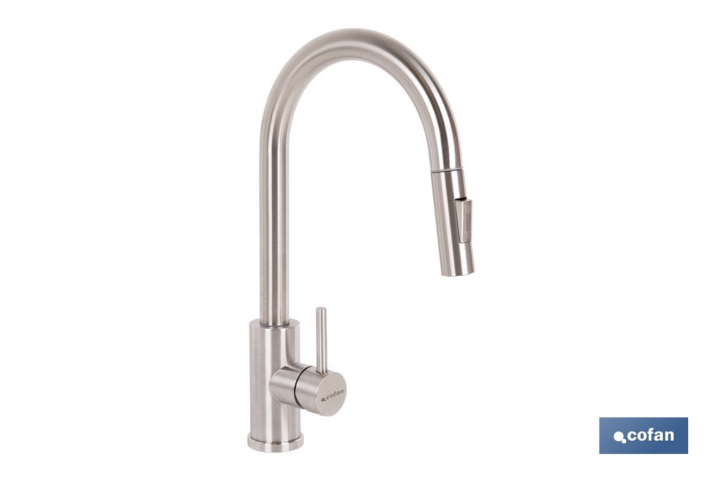 GRIFO DE COCINA DE ACERO INOX. CON MANGUERA EXTENSIBLE Y 2 FUNCIONES 400 X 220 X 54 MM