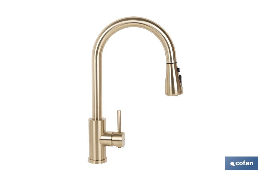 GRIFO DE COCINA DORADO DE ACERO CEPILLADO CON MANGUERA EXTENSIBLE Y 3 FUNCIONES 400 X 220 X 54 MM