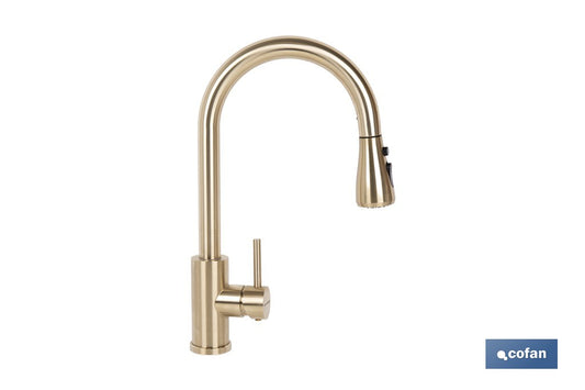 GRIFO DE COCINA DORADO DE ACERO CEPILLADO CON MANGUERA EXTENSIBLE Y 3 FUNCIONES 400 X 220 X 54 MM
