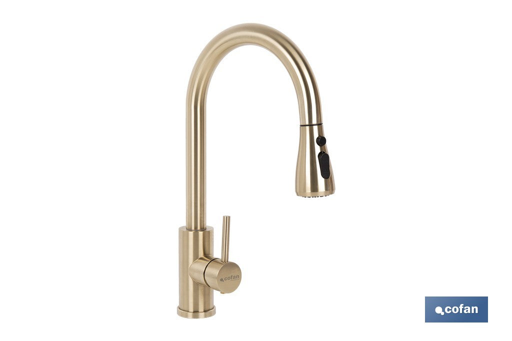 GRIFO DE COCINA DORADO DE ACERO CEPILLADO CON MANGUERA EXTENSIBLE Y 3 FUNCIONES 400 X 220 X 54 MM