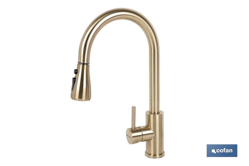 GRIFO DE COCINA DORADO DE ACERO CEPILLADO CON MANGUERA EXTENSIBLE Y 3 FUNCIONES 400 X 220 X 54 MM