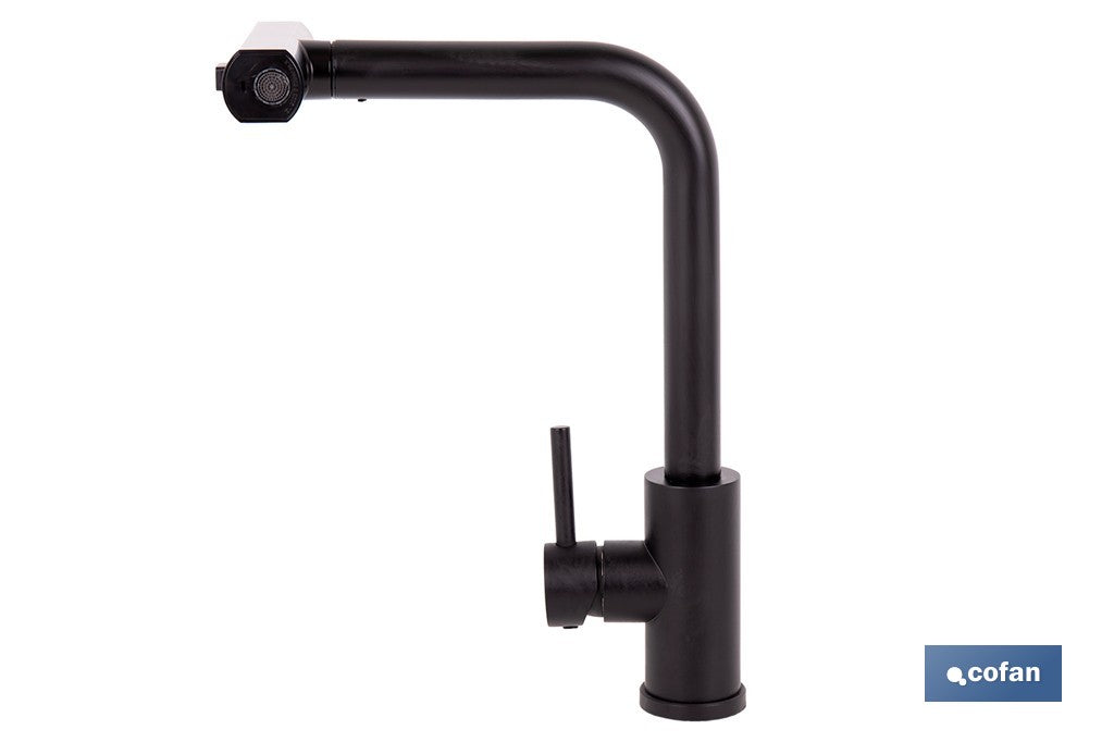 GRIFO DE COCINA NEGRO DE ACERO CON MANGUERA EXTENSIBLE Y 3 FUNCIONES 340 X 240 X 54  MM