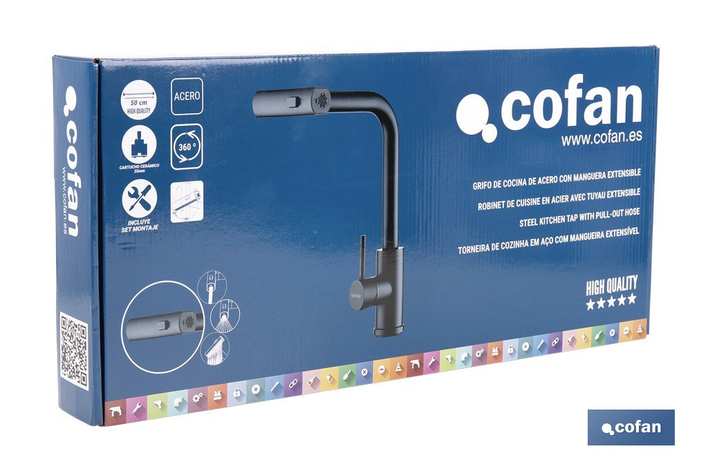 GRIFO DE COCINA NEGRO DE ACERO CON MANGUERA EXTENSIBLE Y 3 FUNCIONES 340 X 240 X 54  MM