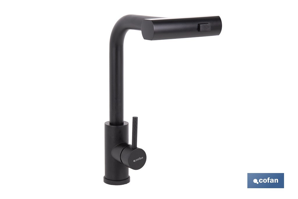 GRIFO DE COCINA NEGRO DE ACERO CON MANGUERA EXTENSIBLE Y 3 FUNCIONES 340 X 240 X 54  MM
