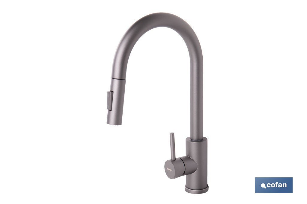 GRIFO DE COCINA ANTRACITA DE ACERO INOX. CON MANGUERA EXTENSIBLE Y 2 FUNCIONES 400 X 220 X 54 MM