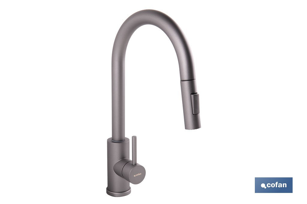 GRIFO DE COCINA ANTRACITA DE ACERO INOX. CON MANGUERA EXTENSIBLE Y 2 FUNCIONES 400 X 220 X 54 MM