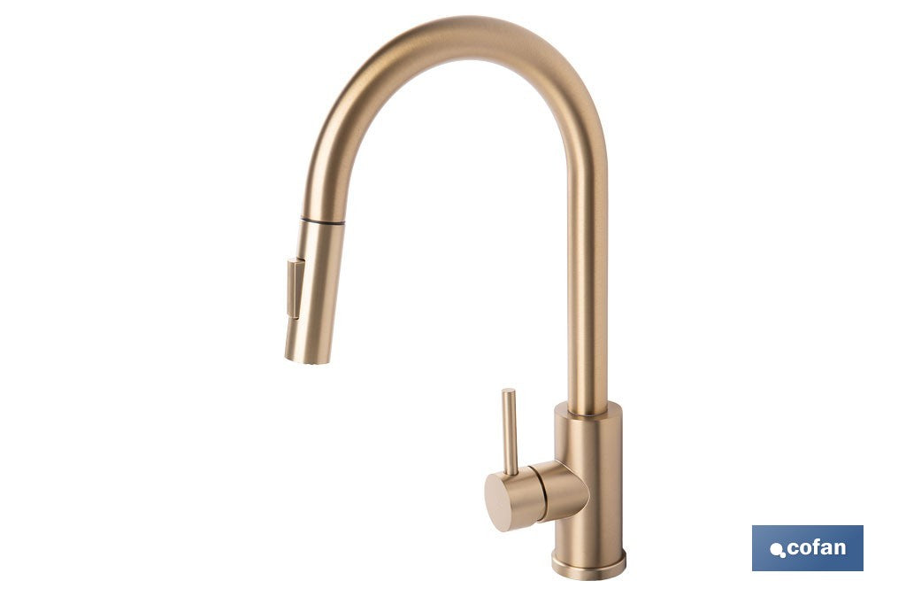 GRIFO DE COCINA CEPILLADO DORADO DE ACERO CON MANGUERA EXTENSIBLE Y 2 FUNCIONES 400 X 220 X 54 MM