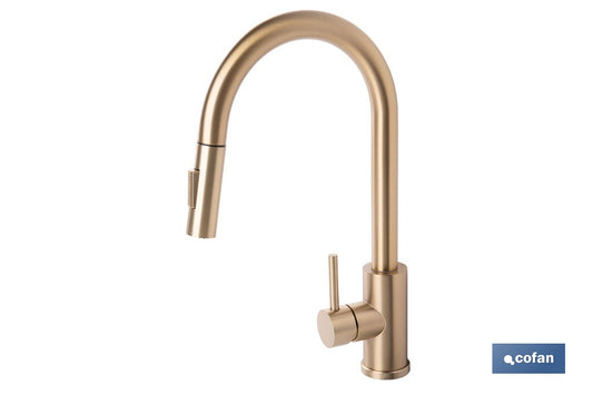 GRIFO DE COCINA CEPILLADO DORADO DE ACERO CON MANGUERA EXTENSIBLE Y 2 FUNCIONES 400 X 220 X 54 MM
