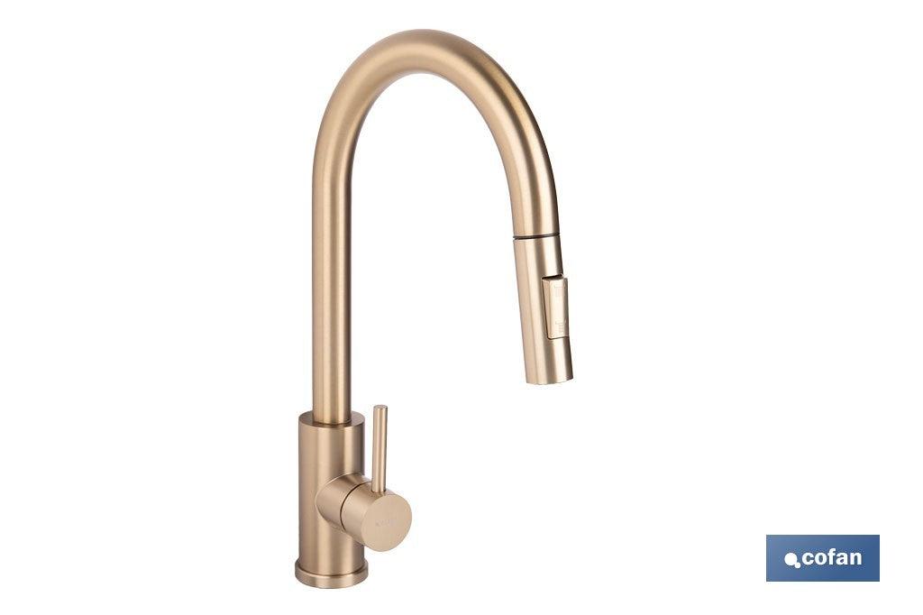 GRIFO DE COCINA CEPILLADO DORADO DE ACERO CON MANGUERA EXTENSIBLE Y 2 FUNCIONES 400 X 220 X 54 MM