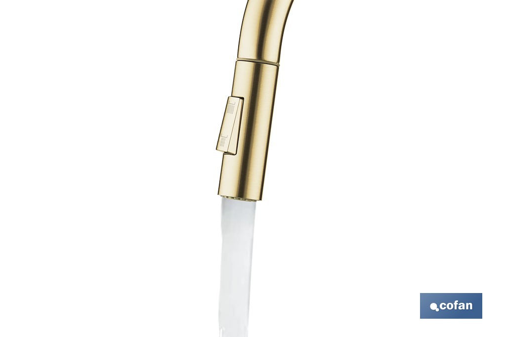 GRIFO DE COCINA CEPILLADO DORADO DE ACERO CON MANGUERA EXTENSIBLE Y 2 FUNCIONES 400 X 220 X 54 MM