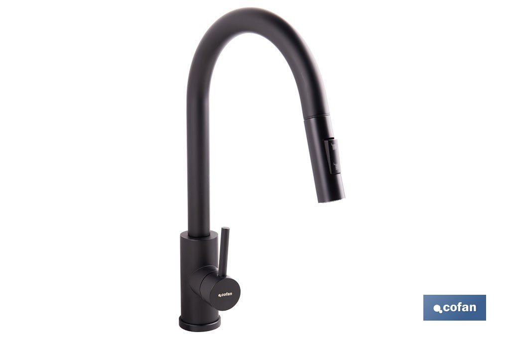 GRIFO DE COCINA DE ACERO NEGRO CON MANGUERA EXTENSIBLE Y 2 FUNCIONES 390 X 250 X 54 MM