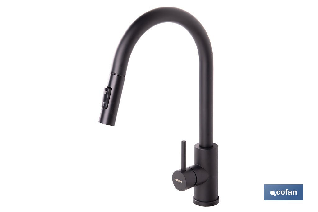 GRIFO DE COCINA DE ACERO NEGRO CON MANGUERA EXTENSIBLE Y 2 FUNCIONES 390 X 250 X 54 MM