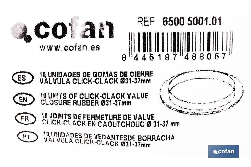 BOLSA DE 10 UNIDADES DE GOMAS CIERRE PARA VÁLVULA CLICK-CLACK Ø31-37 MM