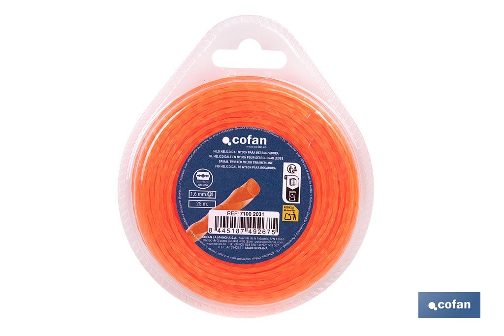 HILO HELICOIDAL DE NYLON PARA DESBROZADORA 25 M X 1,6 MM