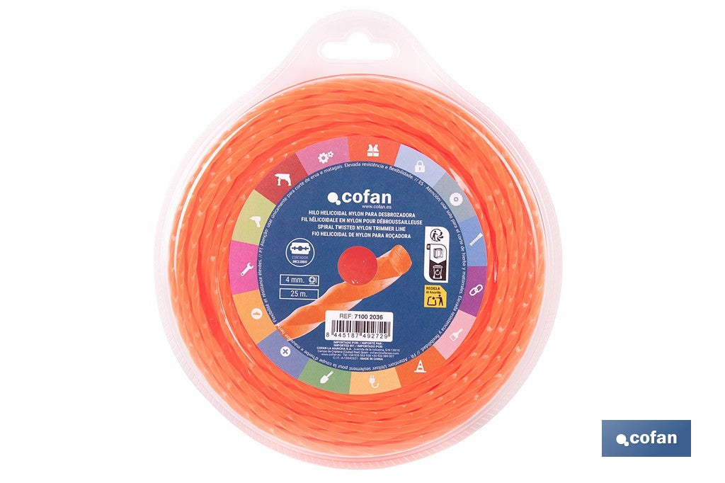 HILO HELICOIDAL DE NYLON PARA DESBROZADORA 25 M X 4 MM