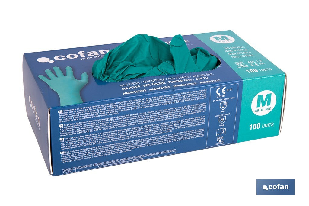 CAJA 100 UDS. GUANTES NITRILO VERDE COFAN PROTECCION FITOSANITARIOS T-M